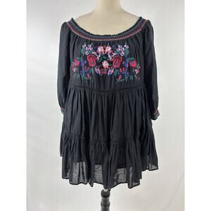 Free People Sunbeams Off Shoulder Mini Dress Black Small Embroidered Ruffled